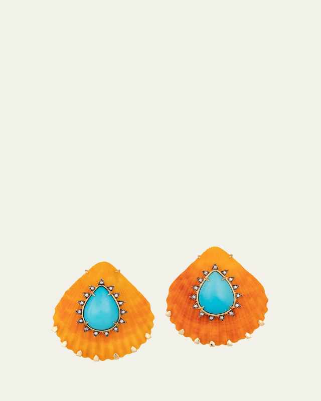 18K Yellow Gold Orange Shell Earrings with Diamonds and Turquoise